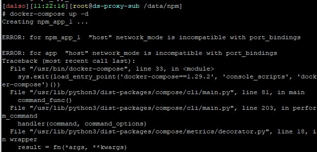 Docker에서 network mode를 host로 설정시 나오는 에러 해결방법.